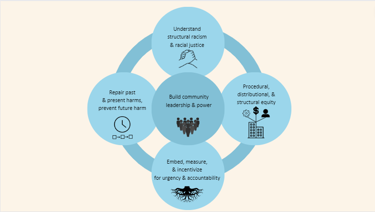 The image features a Venn diagram with five circles, each detailing a concept related to social equity and justice, such as understanding structural racism, repairing harm, promoting equity, building community power, and embedding accountability. Icons like hands shaking, a broken chain, gear, and roots illustrate these ideas. The diagram underscores the interconnectedness of these themes in fostering community equity and justice, presented in soft blue shades against a light backdrop.