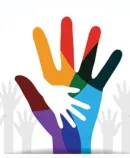 a graphic of hands, suggesting diversity and unity, and a community coming together