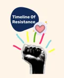 A graphic showing a raised black-and-white fist with colorful lines radiating outward and a speech bubble reading 'Timeline of Resistance'